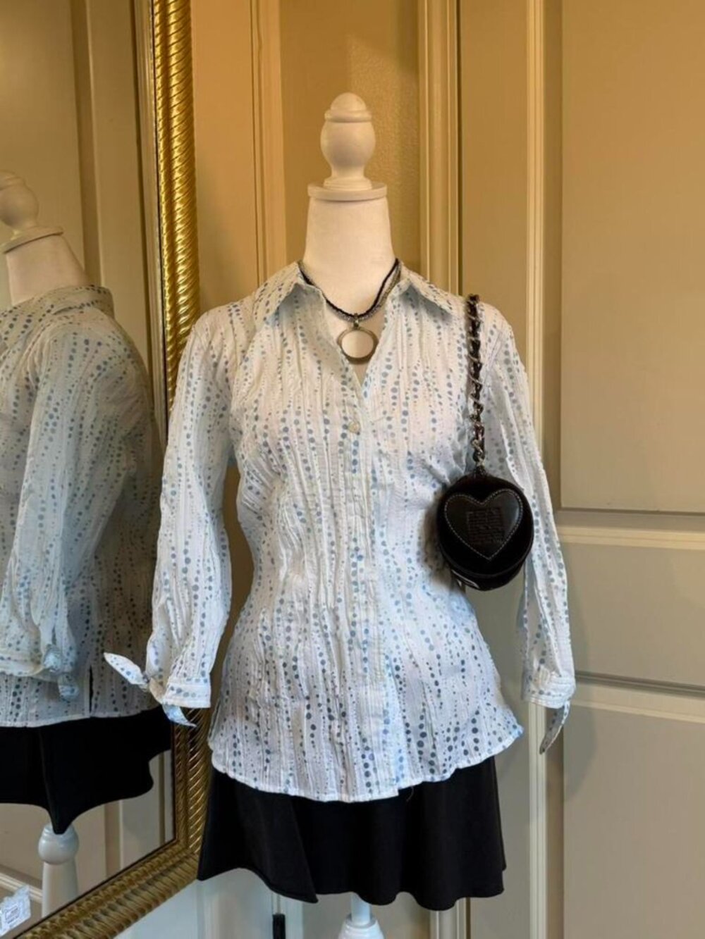 JM Collection button-up blouse with bow sleeve details & polkadot pattern